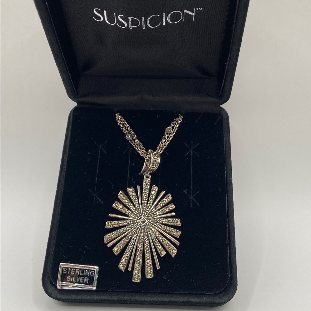 Vintage Suspicion Marcasite Sterling Silver 925 Sunburst Pendant Necklace 18”L - Picture 4 of 10